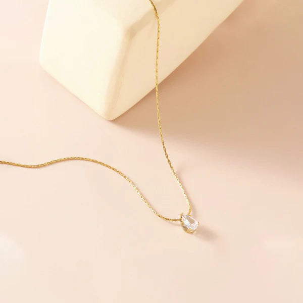Gold Plated Stainless Steel Anti Tarnish Tear Drop CZ Pendant For Women