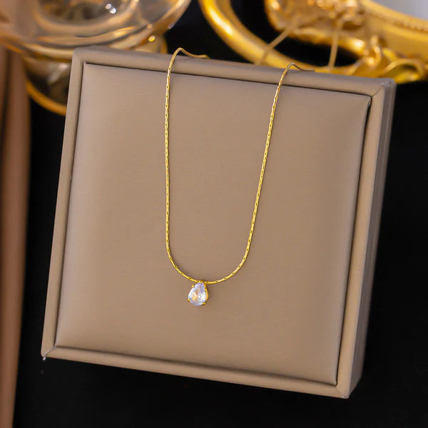 Gold Plated Stainless Steel Anti Tarnish Tear Drop CZ Pendant For Women